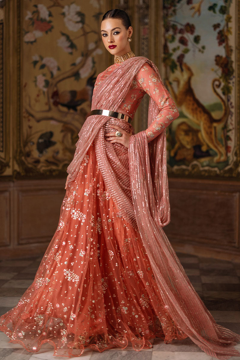 Coral Sequinned Silk Net Pishwas Dress (2-Piece) - Image 3