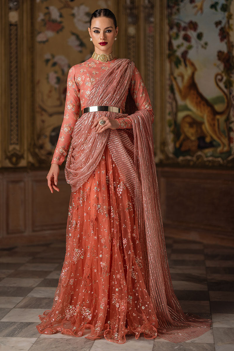 Coral Sequinned Silk Net Pishwas Dress (2-Piece) - Image 4