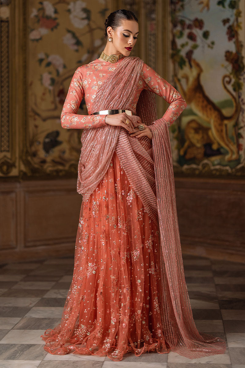 Coral Sequinned Silk Net Pishwas Dress (2-Piece) - Image 5