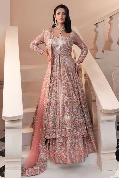Pakistani Blush Pink Embellished Net Silk Pishwas (3-Piece) - Image 1
