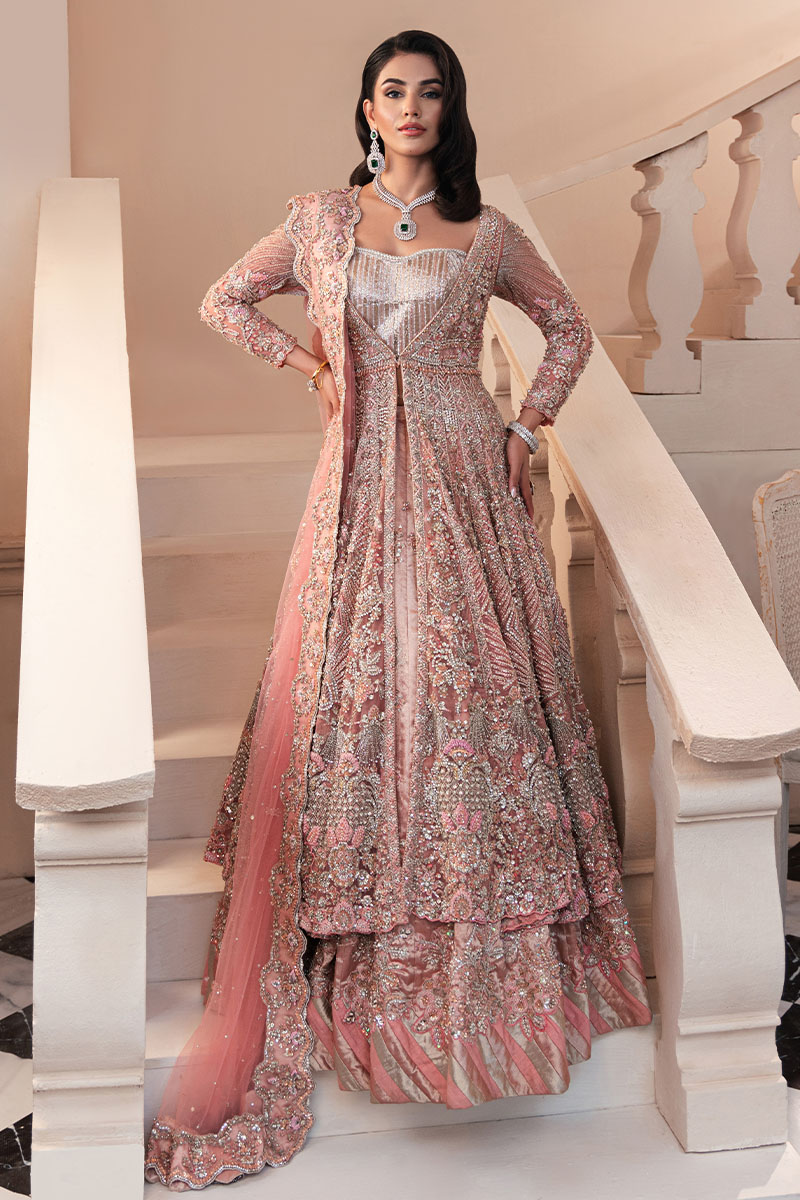 Pakistani Blush Pink Embellished Net Silk Pishwas (3-Piece) - Image 2