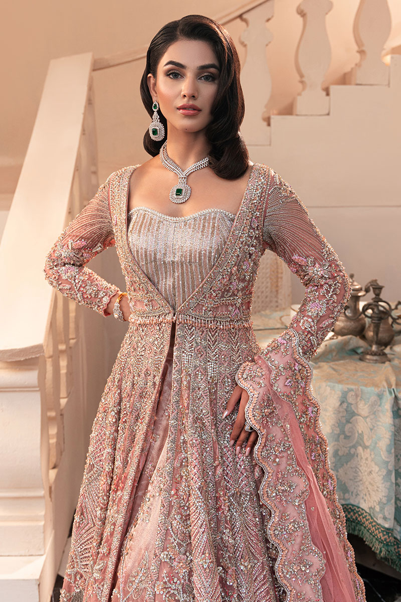 Pakistani Blush Pink Embellished Net Silk Pishwas (3-Piece) - Image 3