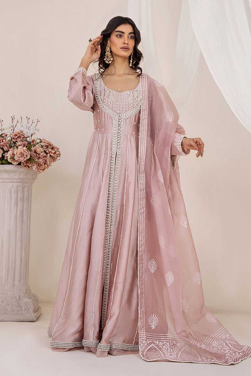 Pakistani Dusty Pink Embroidered Silk Tissue Pishwas (3-Piece) - Image 1
