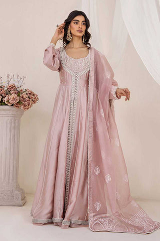 Pakistani Dusty Pink Embroidered Silk Tissue Pishwas (3-Piece) - Image 2
