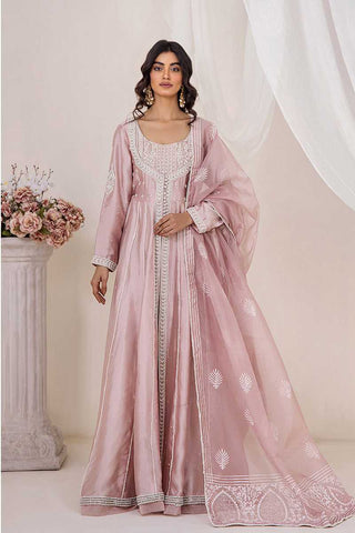 Pakistani Dusty Pink Embroidered Silk Tissue Pishwas (3-Piece) - Image 3