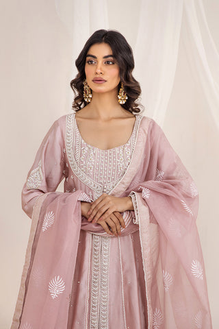 Pakistani Dusty Pink Embroidered Silk Tissue Pishwas (3-Piece) - Image 4
