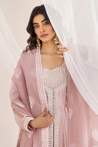 Pakistani Dusty Pink Embroidered Silk Tissue Pishwas (3-Piece) - Image 6