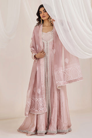 Pakistani Dusty Pink Embroidered Silk Tissue Pishwas (3-Piece) - Image 7