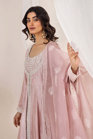Pakistani Dusty Pink Embroidered Silk Tissue Pishwas (3-Piece) - Image 8