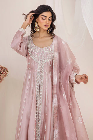 Pakistani Dusty Pink Embroidered Silk Tissue Pishwas (3-Piece) - Image 9