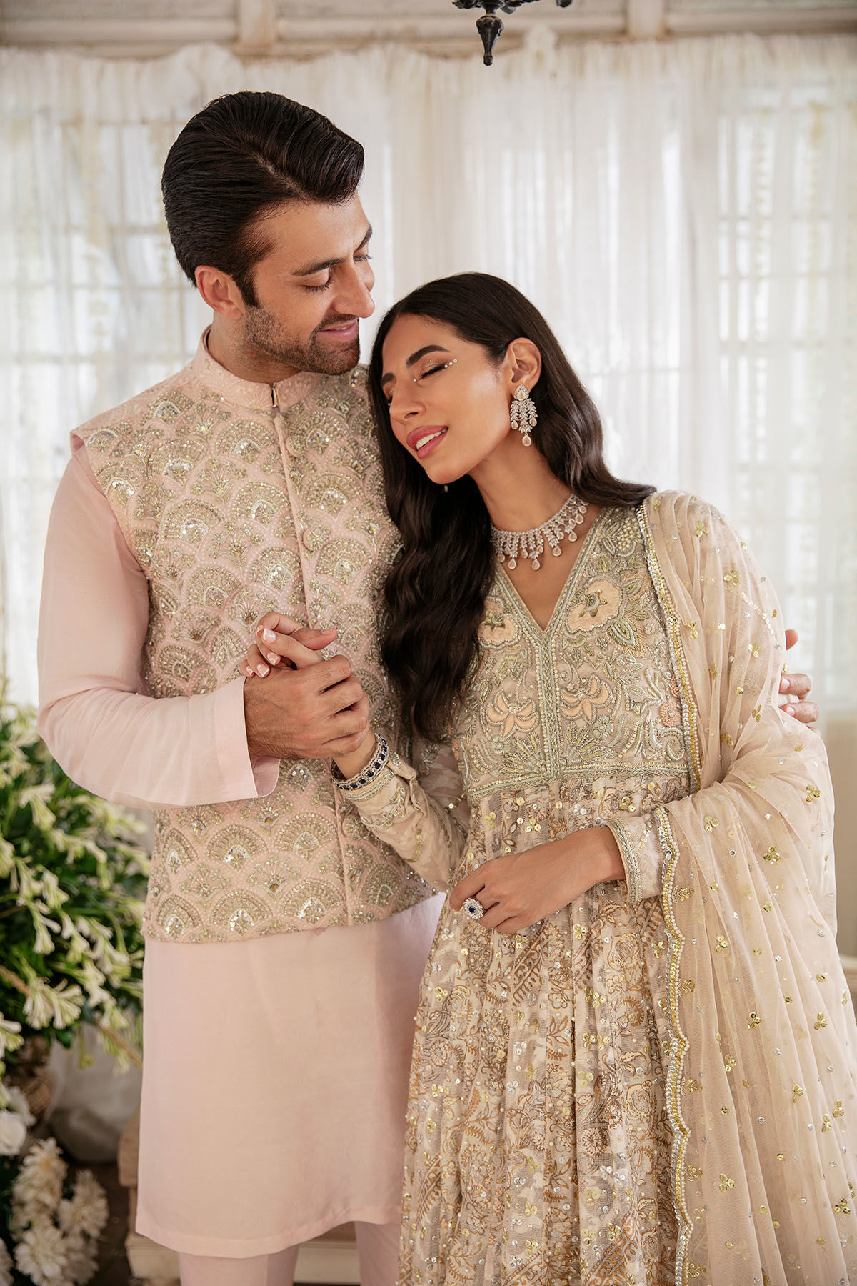 Pakistani Baby Pink & Peach Zardozi Silk Pishwas (3-Piece) - Image 4