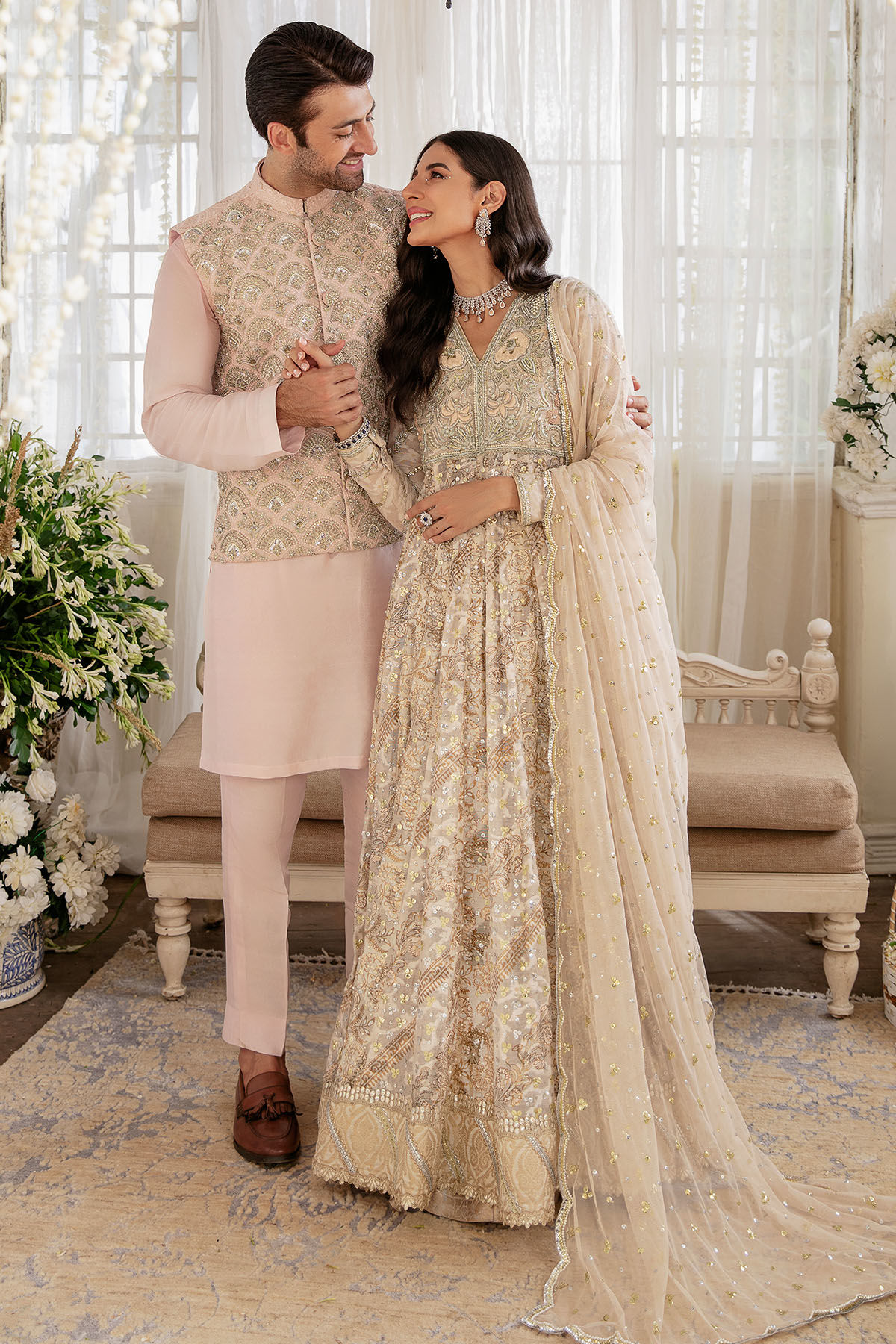 Pakistani Baby Pink & Peach Zardozi Silk Pishwas (3-Piece) - Image 5