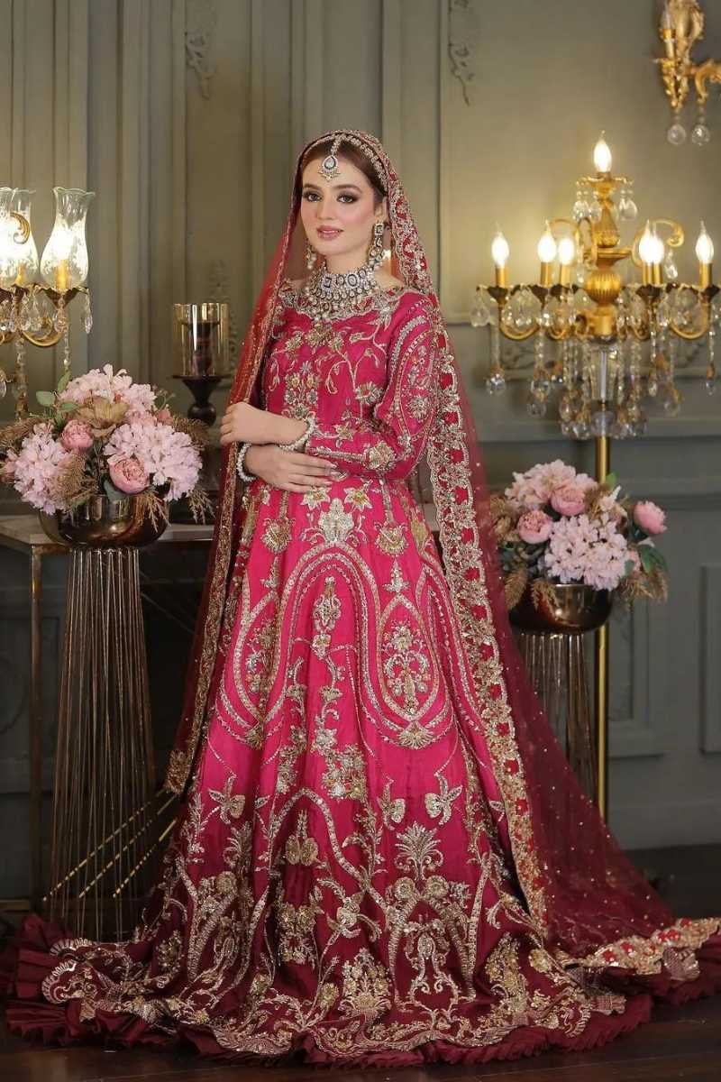 Deep Pink Zardozi Silk Bridal Pishwas (2-Piece) - Image 1