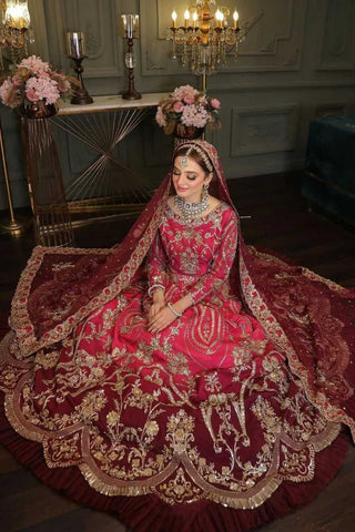Deep Pink Zardozi Silk Bridal Pishwas (2-Piece) - Image 3