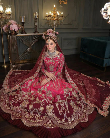 Deep Pink Zardozi Silk Bridal Pishwas (2-Piece) - Image 4