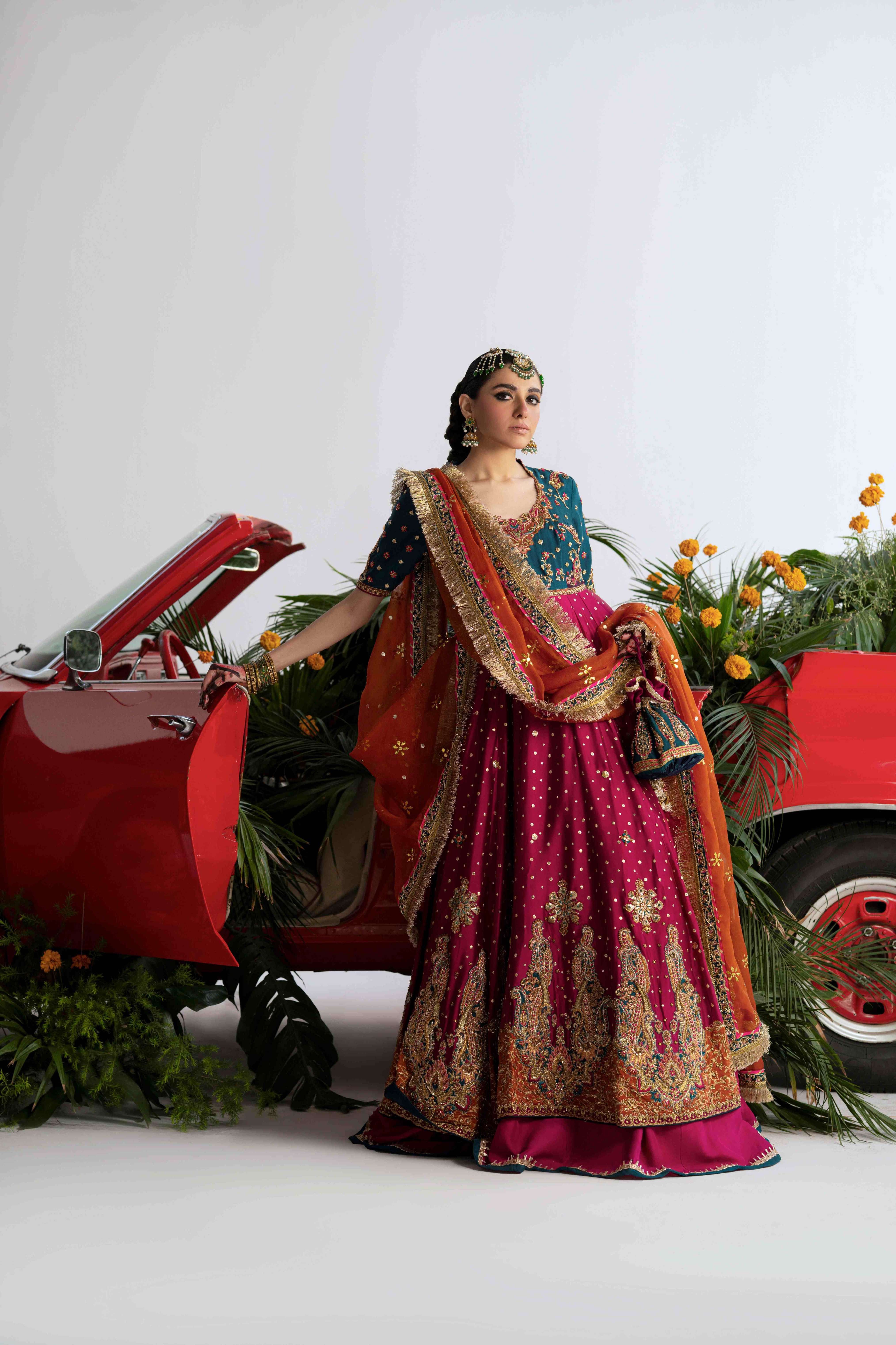 Pakistani Magenta and Teal Embellished Silk Pishwas (2-Piece) - Image 1