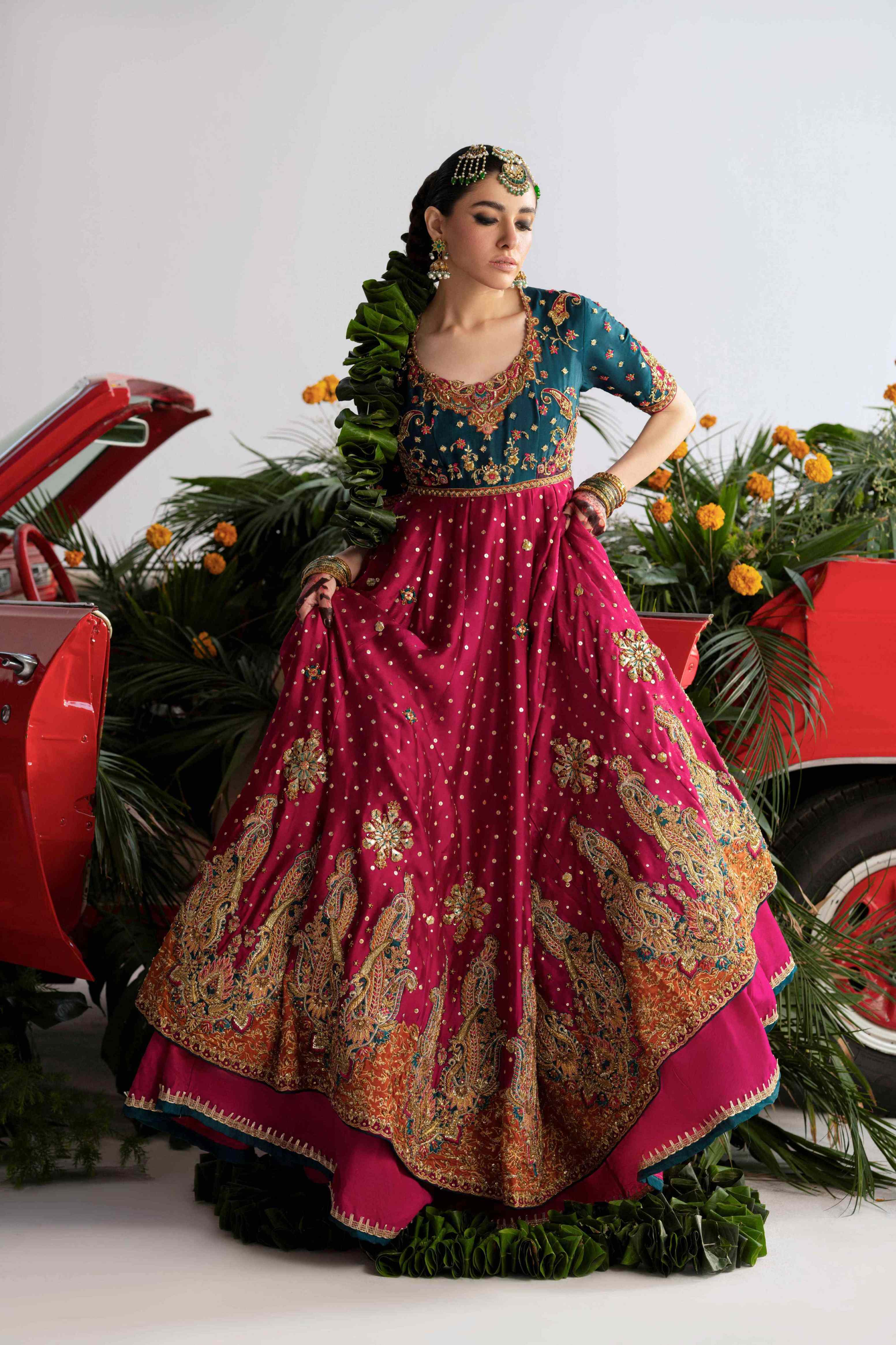 Pakistani Magenta and Teal Embellished Silk Pishwas (2-Piece) - Image 2