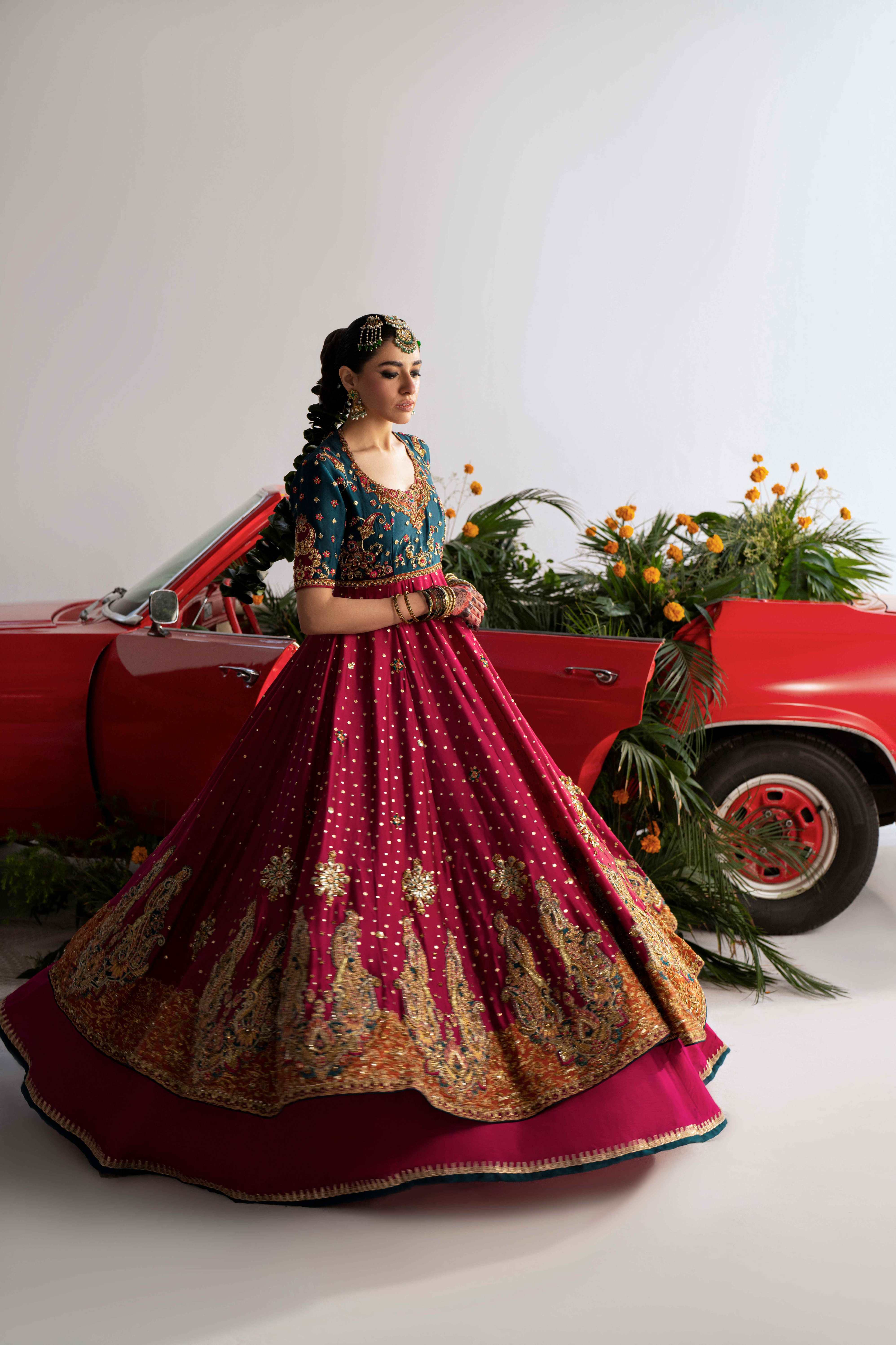 Pakistani Magenta and Teal Embellished Silk Pishwas (2-Piece) - Image 3