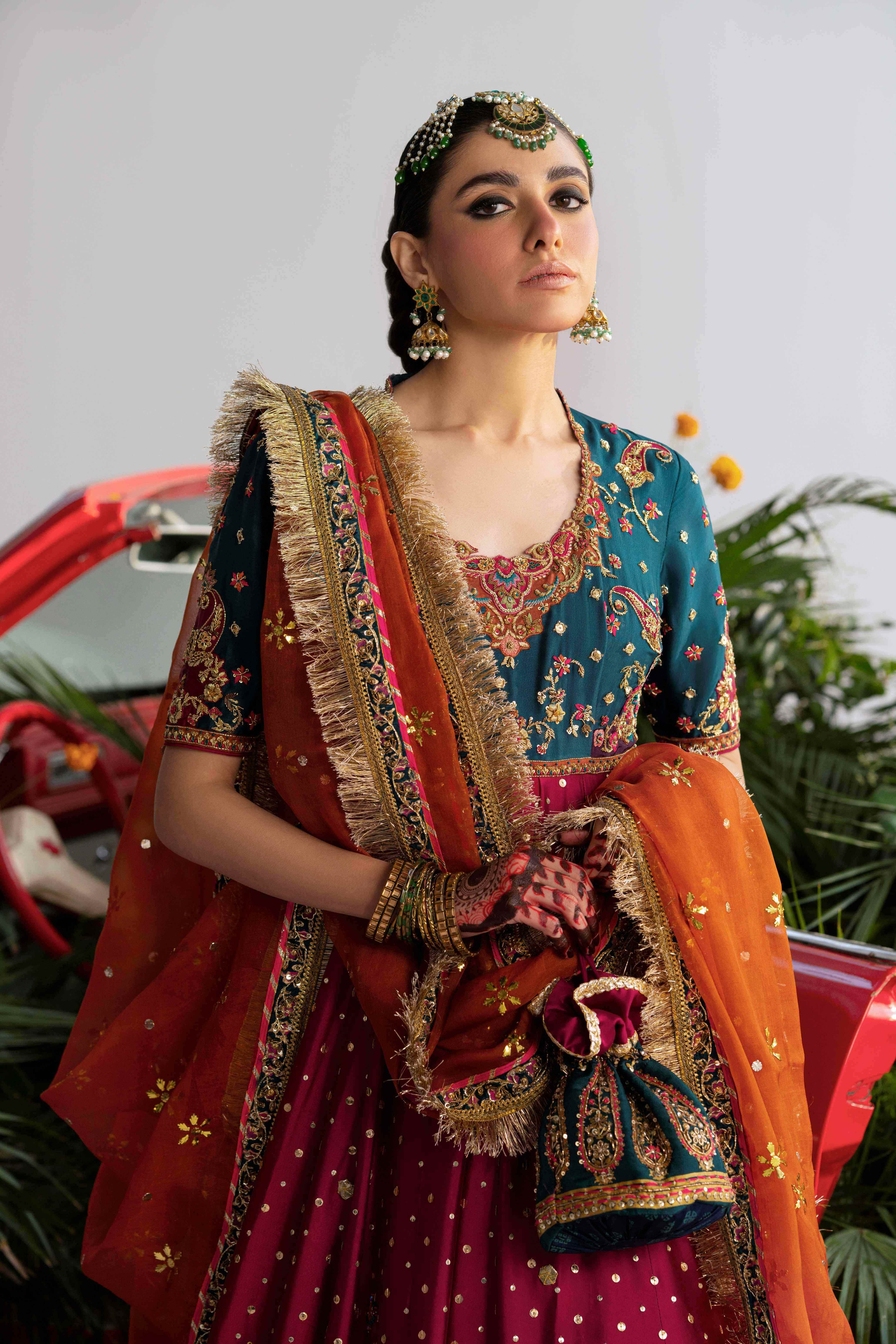 Pakistani Magenta and Teal Embellished Silk Pishwas (2-Piece) - Image 4