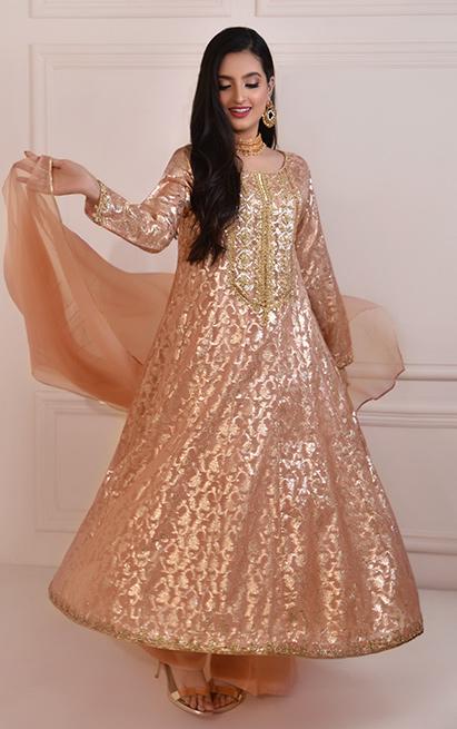 Pakistani Gold Pink Zardozi Silk Pishwas Dress (3-Piece) - Image 1