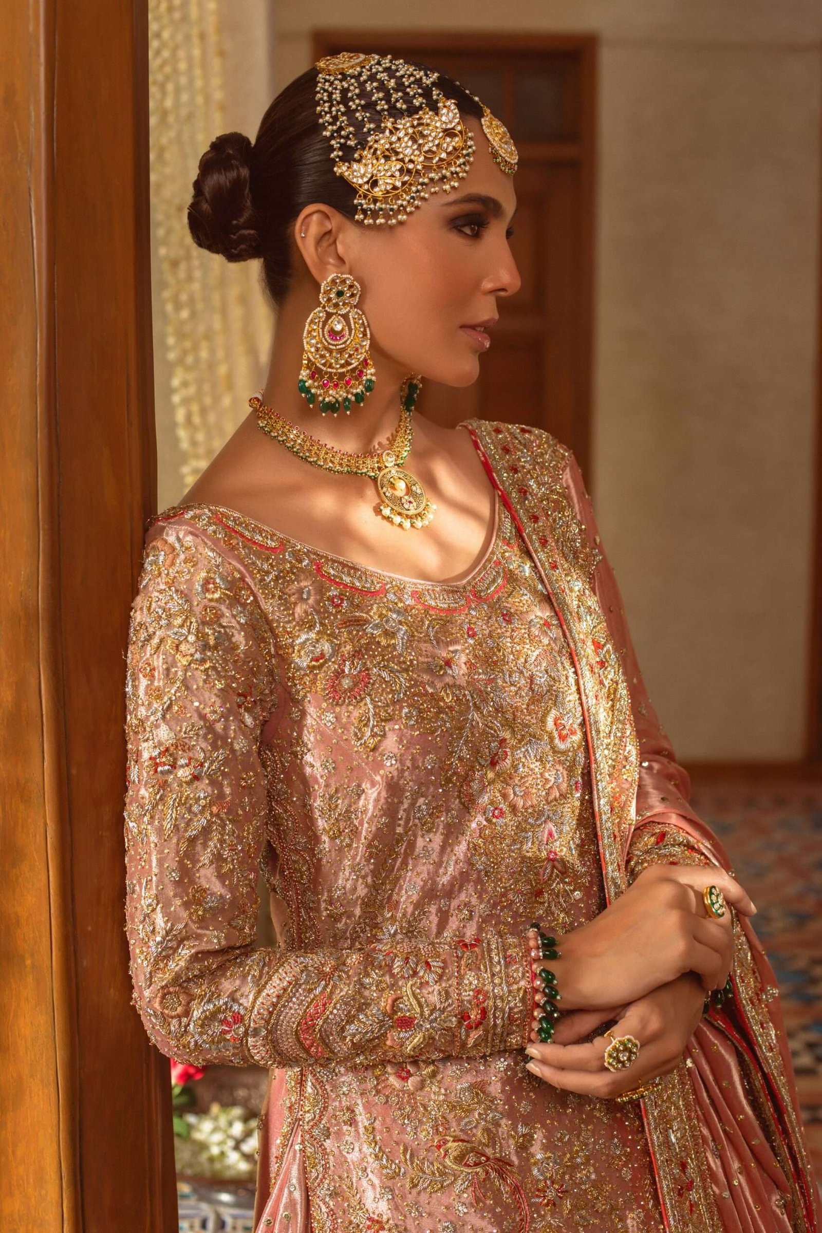 Pakistani Coral Pink Zardozi Silk Bridal Pishwas (3-Piece) - Image 3