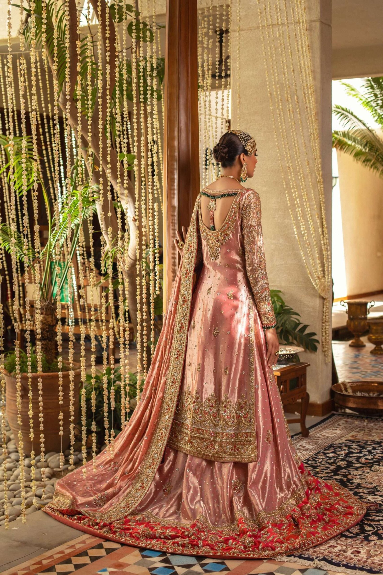 Pakistani Coral Pink Zardozi Silk Bridal Pishwas (3-Piece) - Image 4