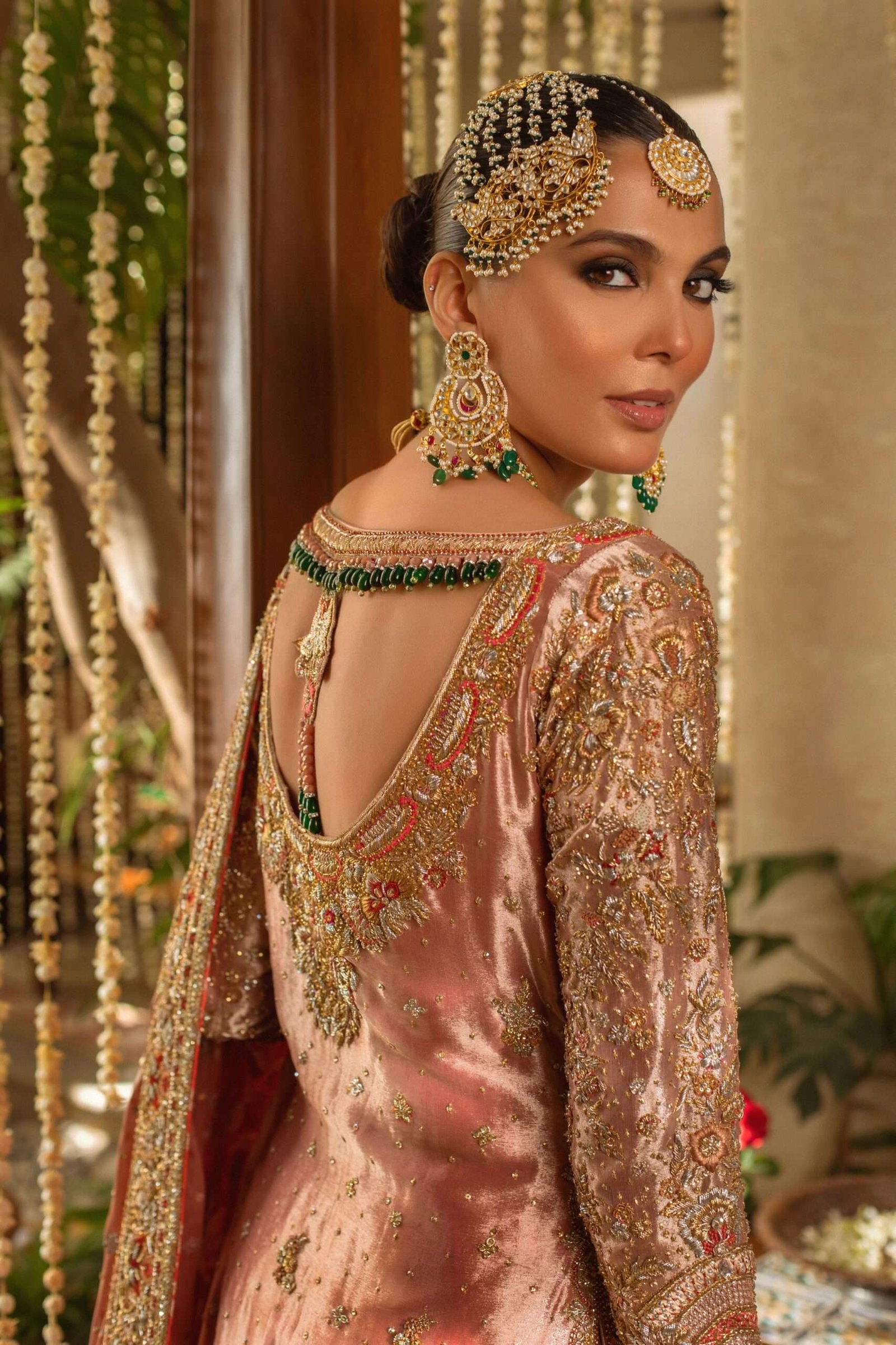 Pakistani Coral Pink Zardozi Silk Bridal Pishwas (3-Piece) - Image 5