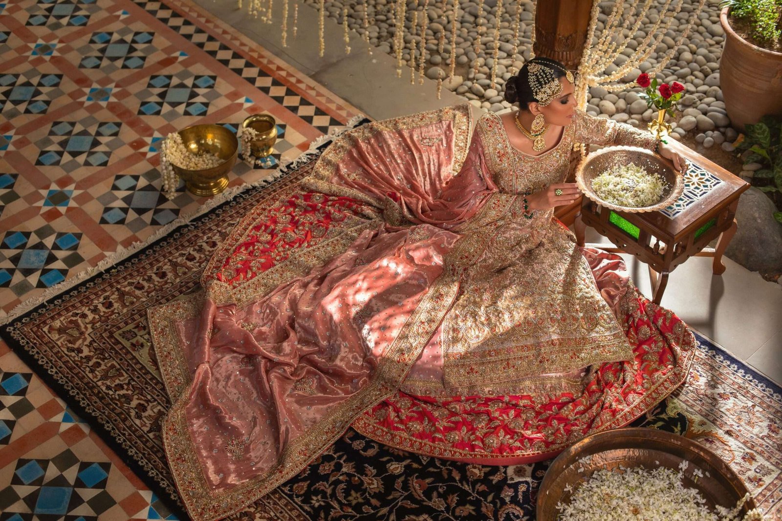 Pakistani Coral Pink Zardozi Silk Bridal Pishwas (3-Piece) - Image 6