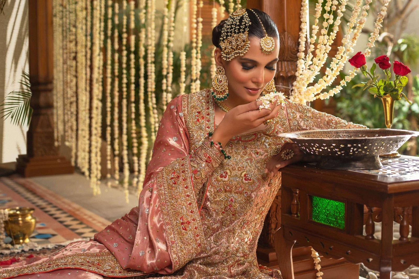 Pakistani Coral Pink Zardozi Silk Bridal Pishwas (3-Piece) - Image 7