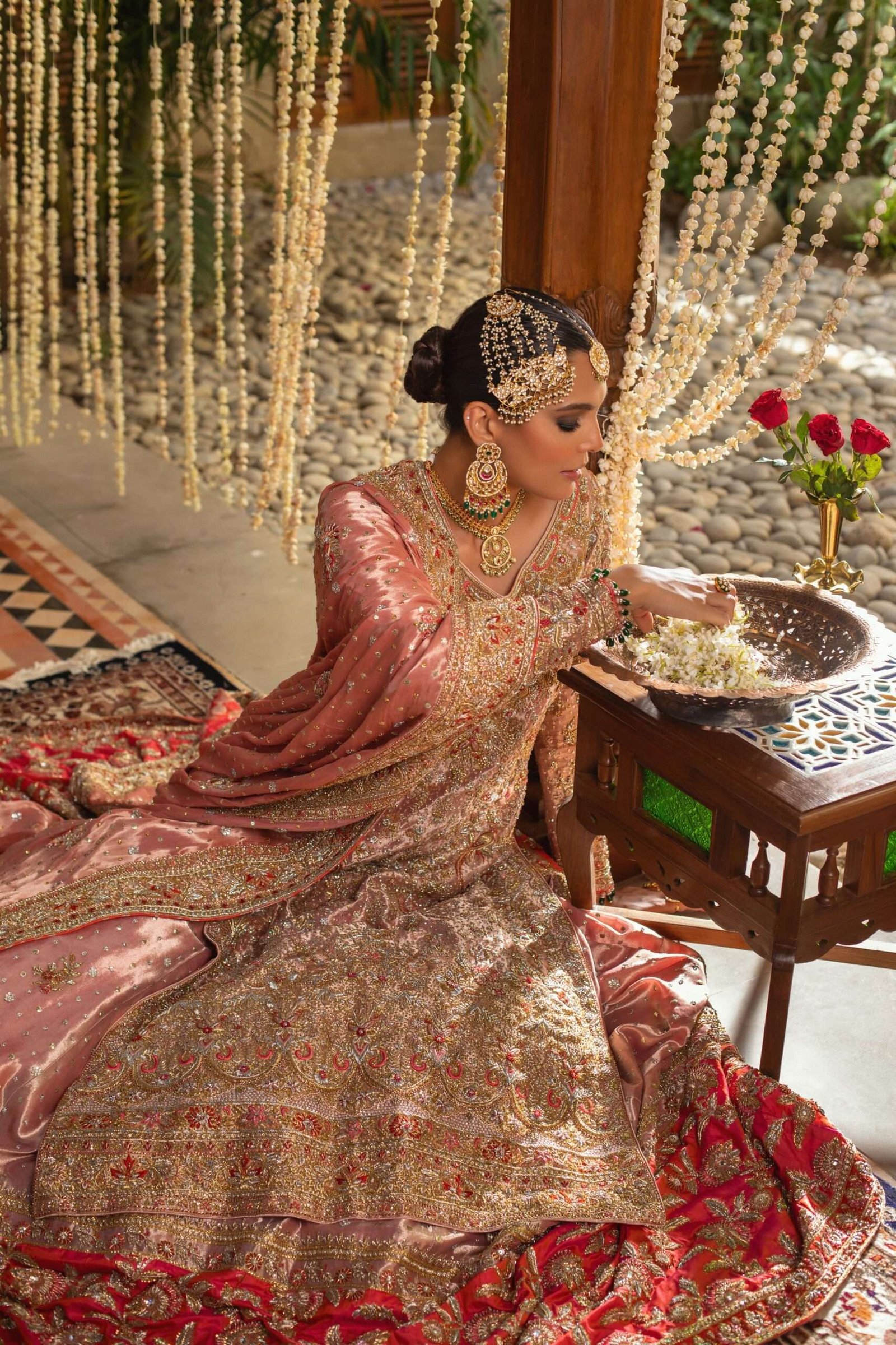 Pakistani Coral Pink Zardozi Silk Bridal Pishwas (3-Piece) - Image 8