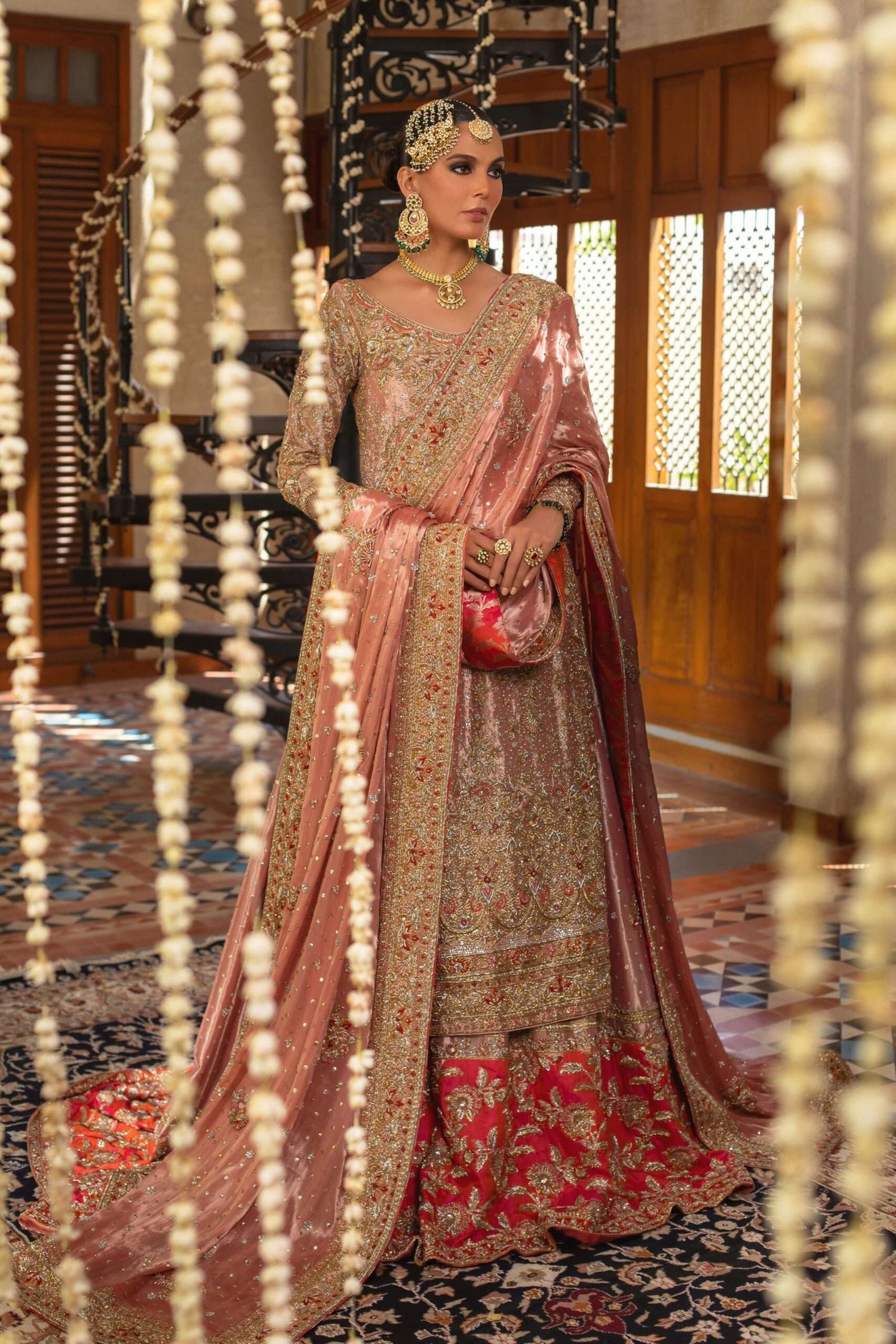 Pakistani Coral Pink Zardozi Silk Bridal Pishwas (3-Piece) - Image 9