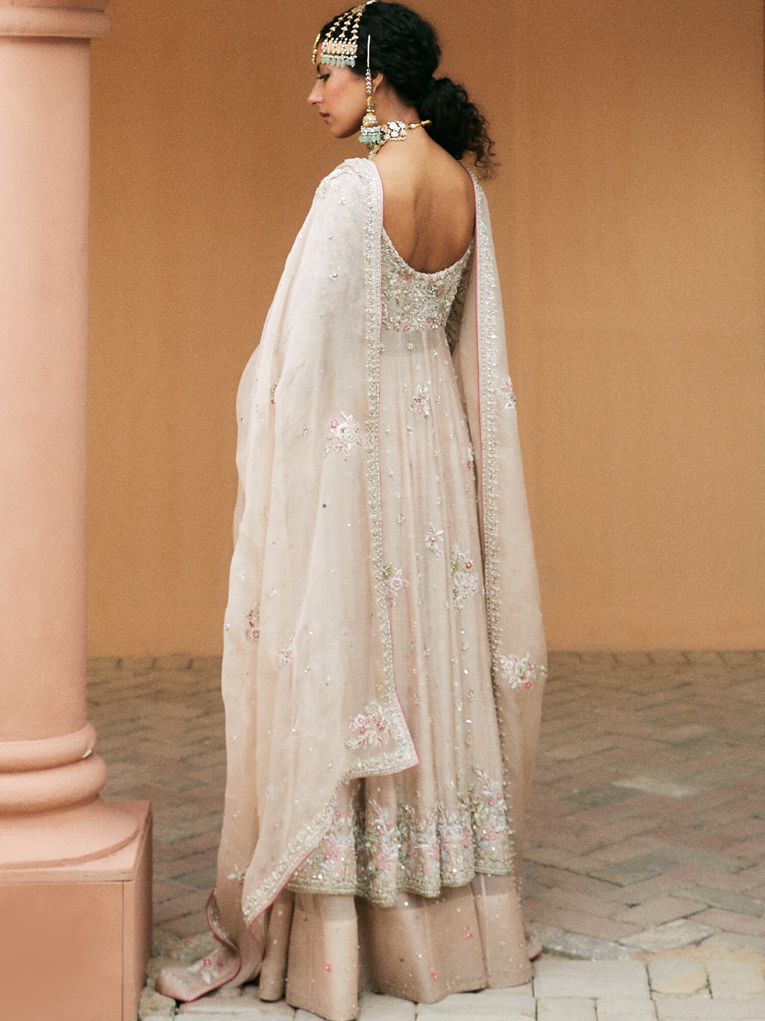 Pakistani Pale Pink Zardozi Spun Net Pishwas (3-Piece) - Image 4