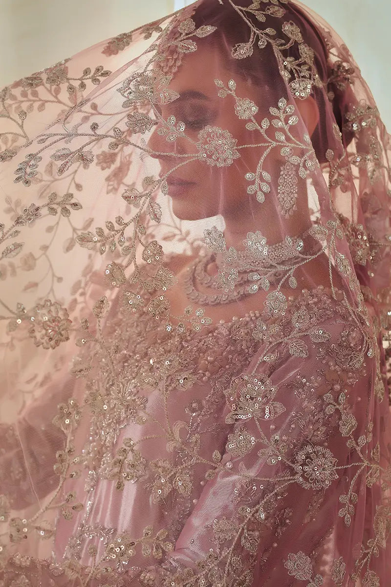 Rose Pink Embellished Tissue Pishwas Dress (3-Piece) - Image 9