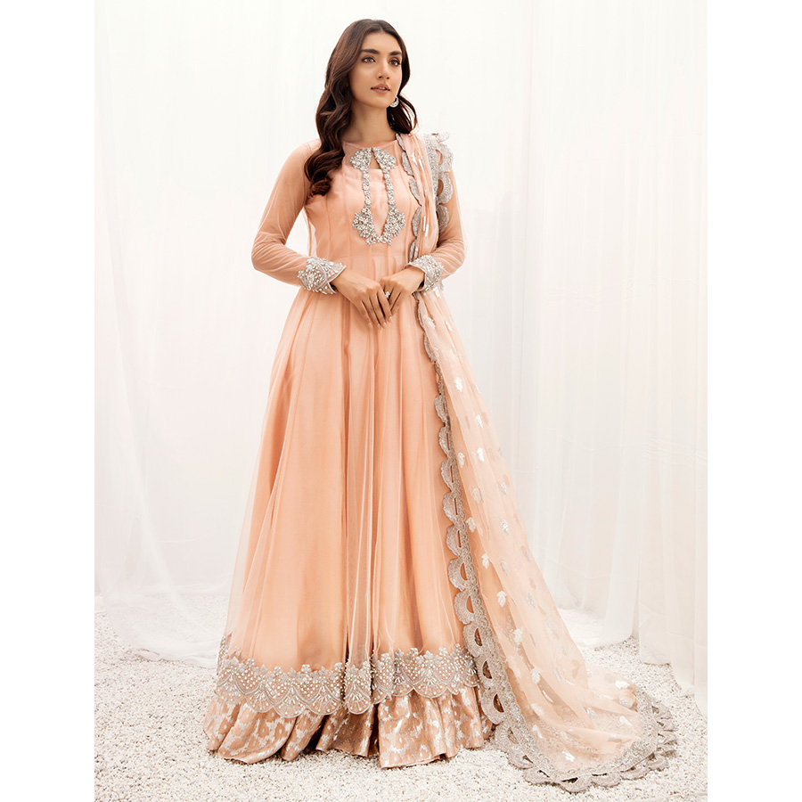 Blush Peach Embroidered Tissue Silk Pishwas (2-Piece) - Image 1