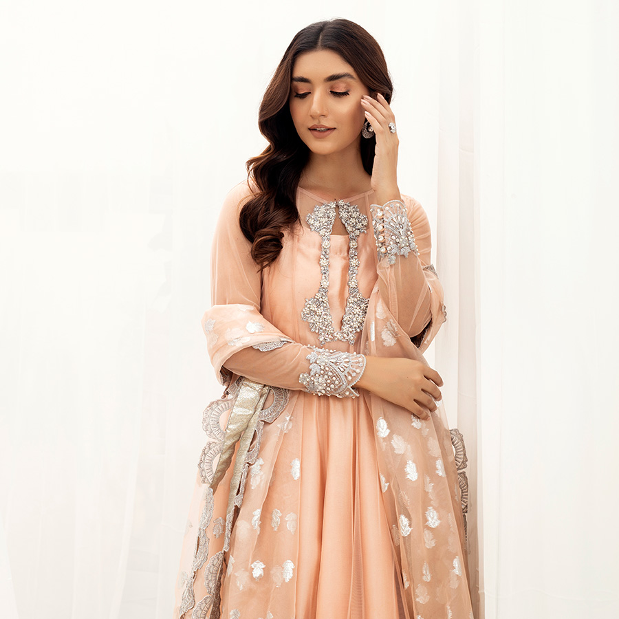 Blush Peach Embroidered Tissue Silk Pishwas (2-Piece) - Image 2