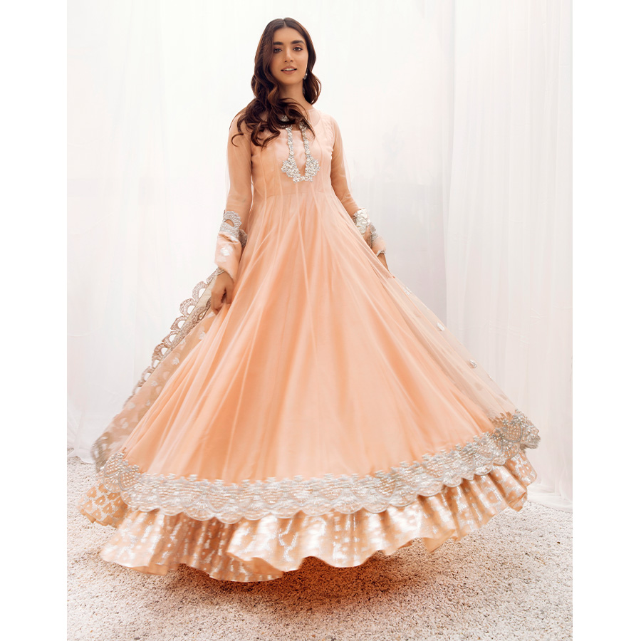 Blush Peach Embroidered Tissue Silk Pishwas (2-Piece) - Image 3