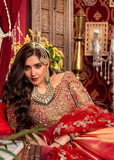 Pakistani Coral Red Embellished Tissue Net Pishwas (2-Piece) - Image 1