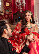 Pakistani Coral Red Embellished Tissue Net Pishwas (2-Piece) - Image 5