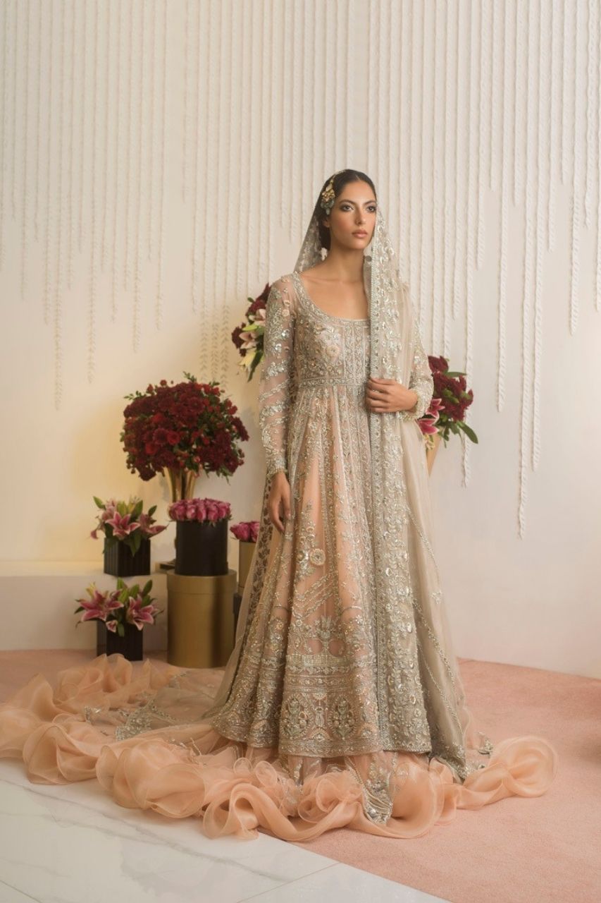 Pakistani Peach Zardozi Tulle Pishwas Dress (3-Piece) - Image 1