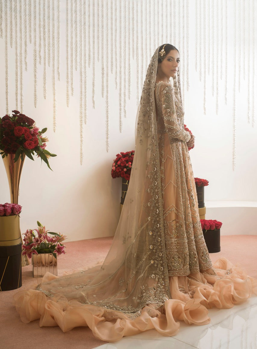 Pakistani Peach Zardozi Tulle Pishwas Dress (3-Piece) - Image 2