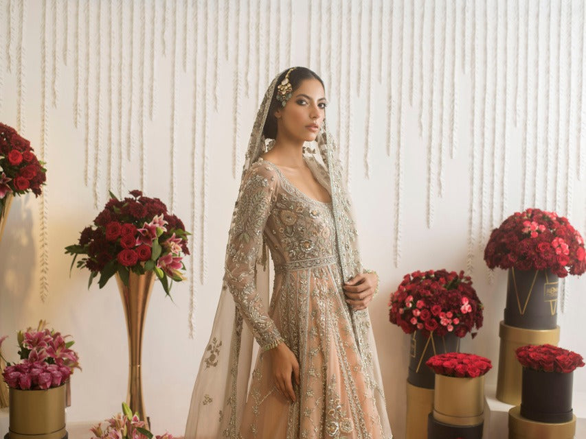 Pakistani Peach Zardozi Tulle Pishwas Dress (3-Piece) - Image 3