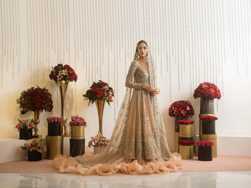 Pakistani Peach Zardozi Tulle Pishwas Dress (3-Piece) - Image 4