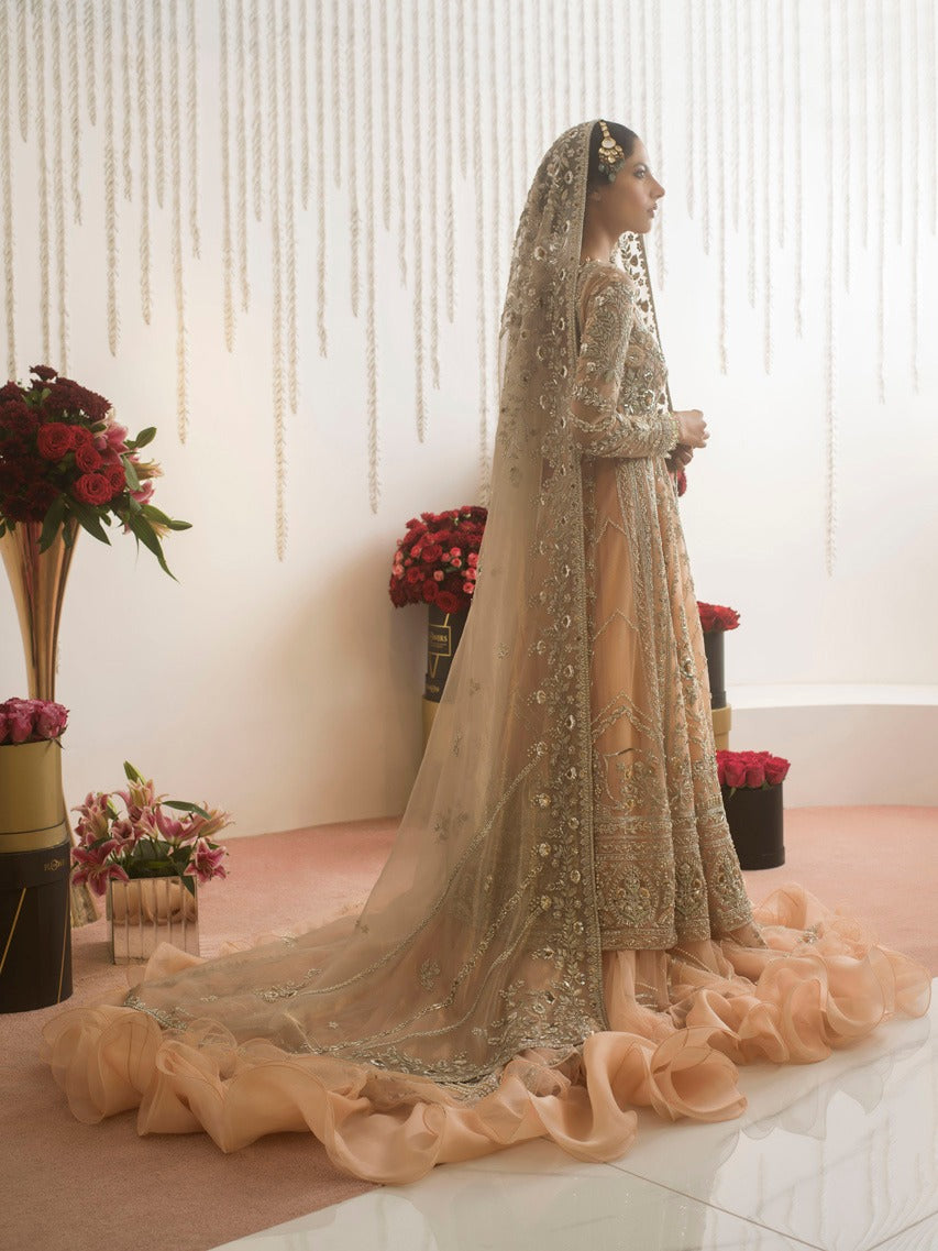 Pakistani Peach Zardozi Tulle Pishwas Dress (3-Piece) - Image 5
