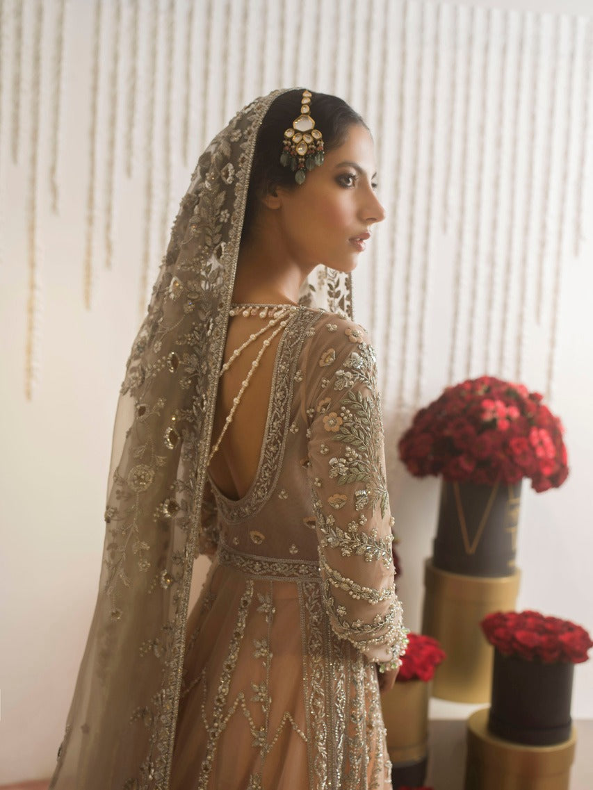 Pakistani Peach Zardozi Tulle Pishwas Dress (3-Piece) - Image 6