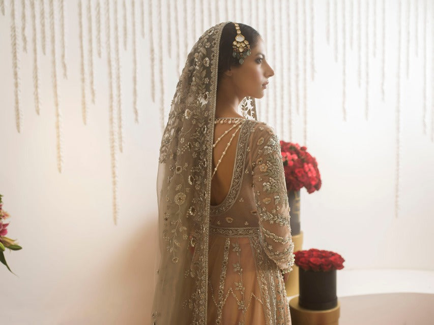 Pakistani Peach Zardozi Tulle Pishwas Dress (3-Piece) - Image 7