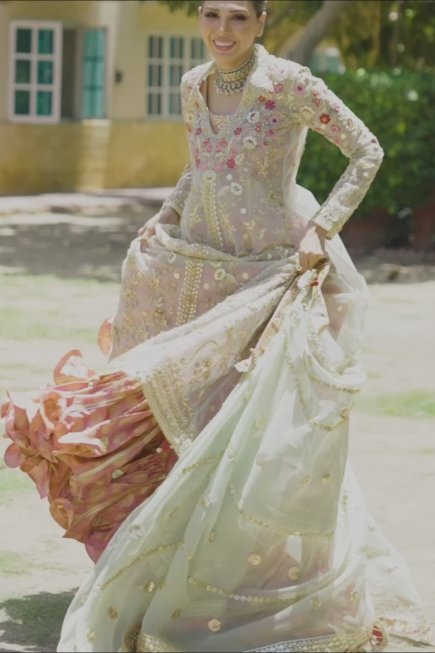 Pakistani Salmon Pink Zardozi Tulle Pishwas Dress (3-Piece) - Image 10