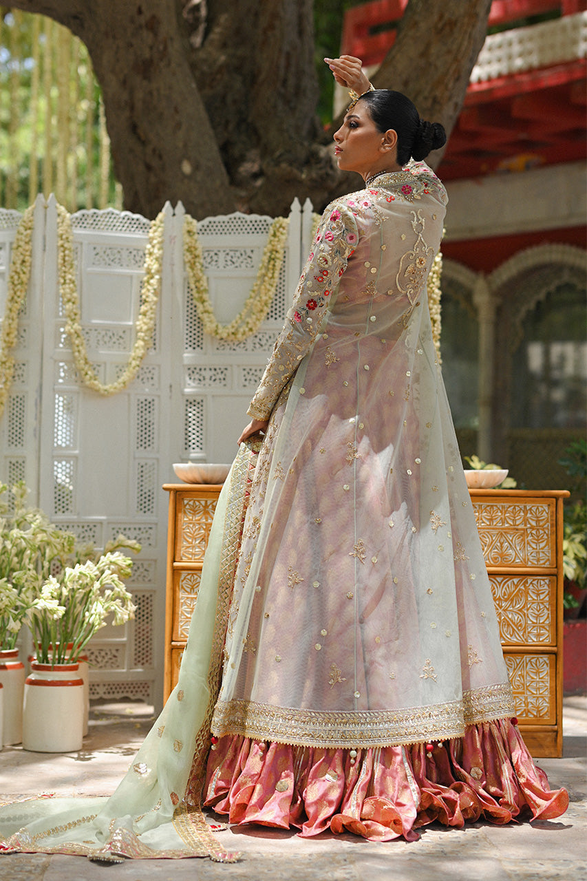 Pakistani Salmon Pink Zardozi Tulle Pishwas Dress (3-Piece) - Image 2