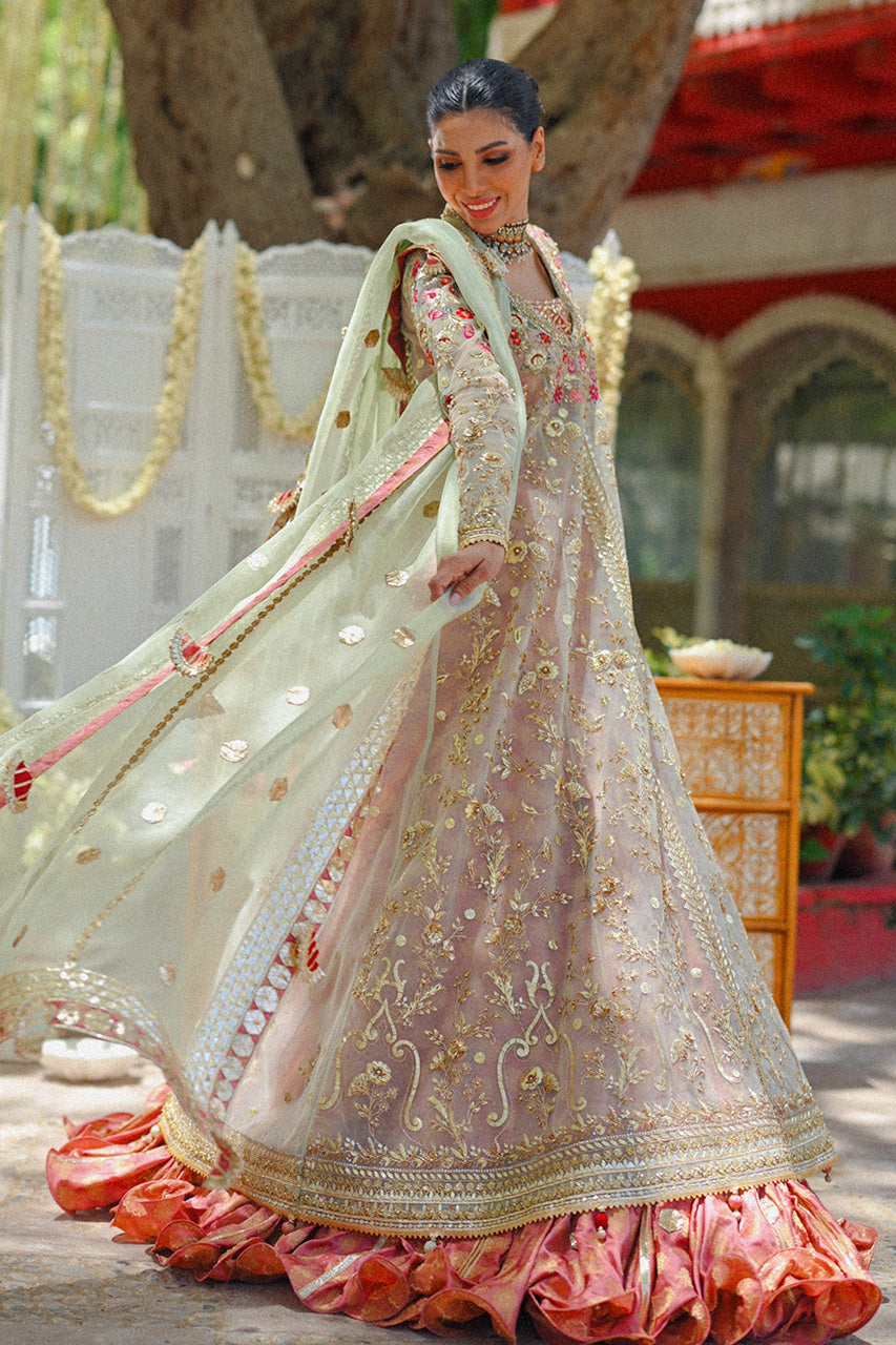 Pakistani Salmon Pink Zardozi Tulle Pishwas Dress (3-Piece) - Image 5