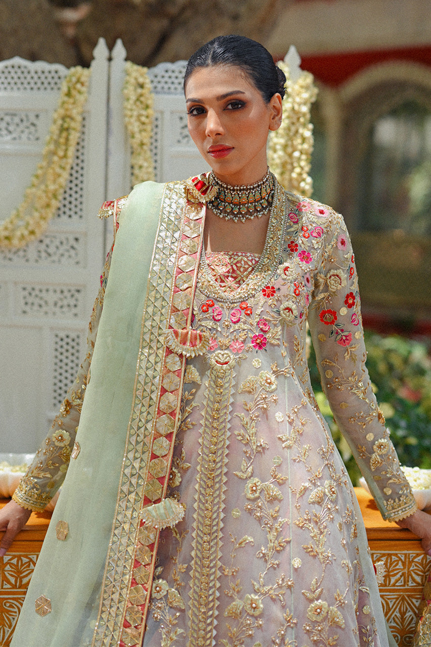 Pakistani Salmon Pink Zardozi Tulle Pishwas Dress (3-Piece) - Image 6