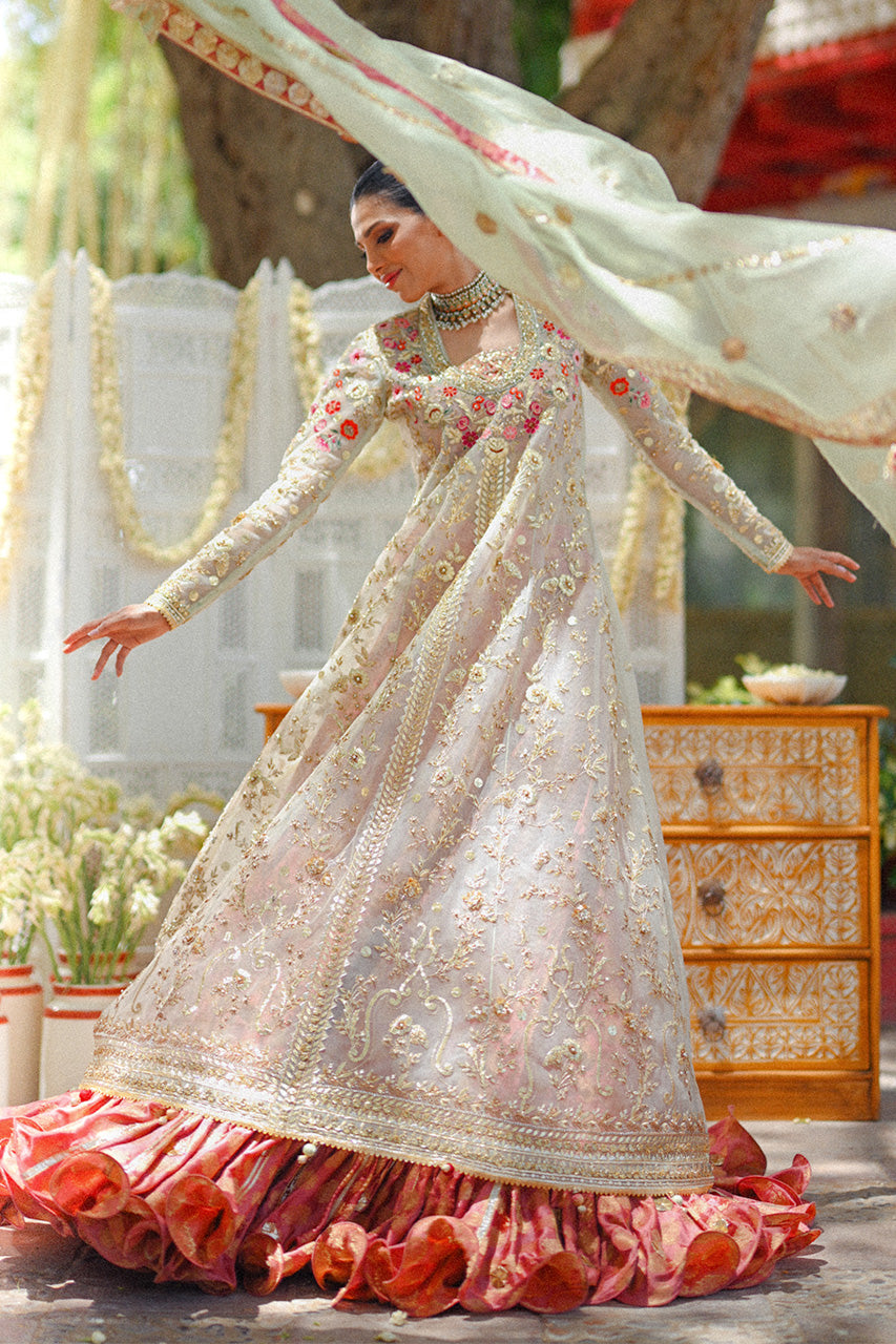 Pakistani Salmon Pink Zardozi Tulle Pishwas Dress (3-Piece) - Image 8